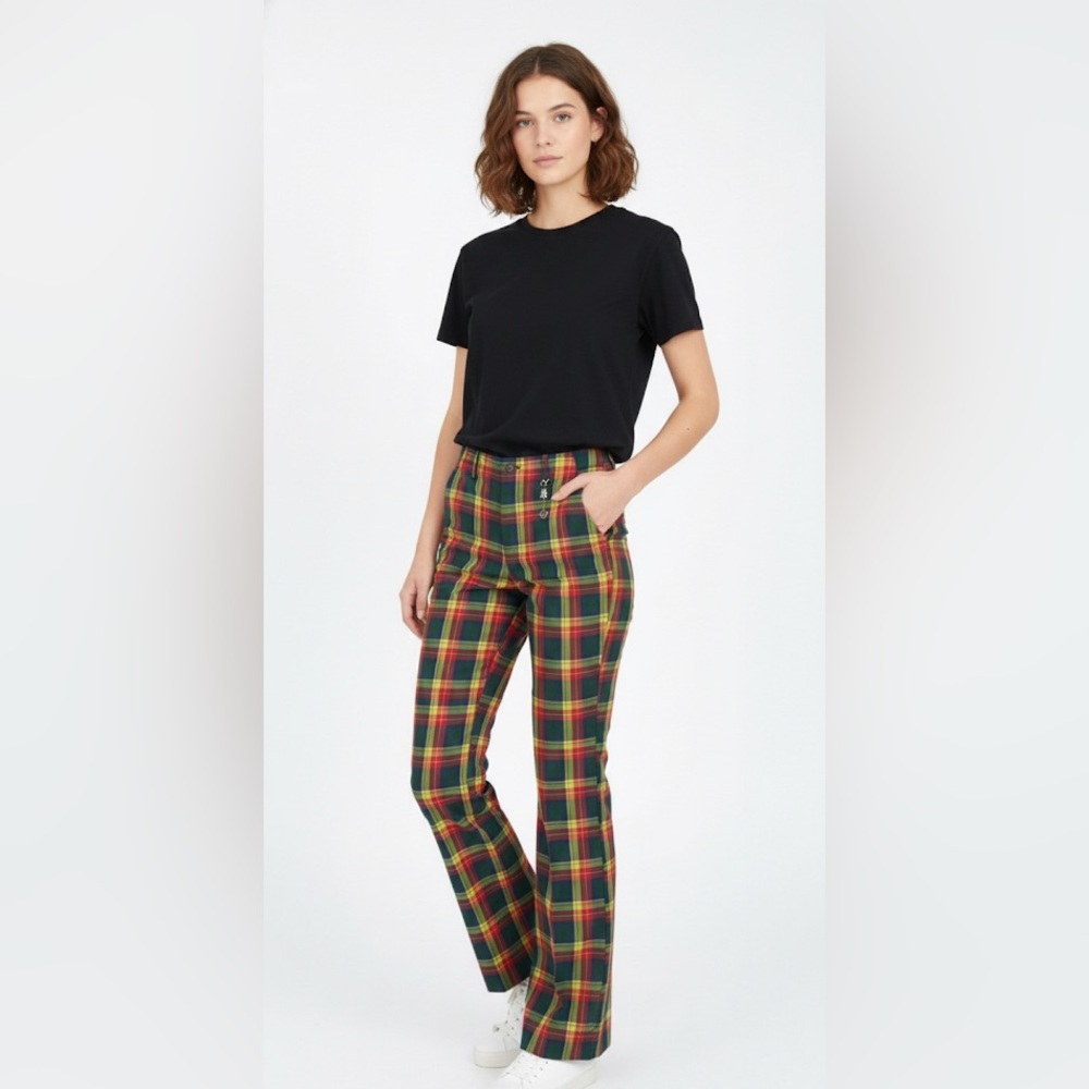 Teddy Fresh Multicolor Plaid Straight Leg Pants Rainbow Tartan Bear Charm Sz 26 - Picture 9 of 12